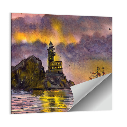 Lighthouse and Sailing Ship at Dusk Wall Art