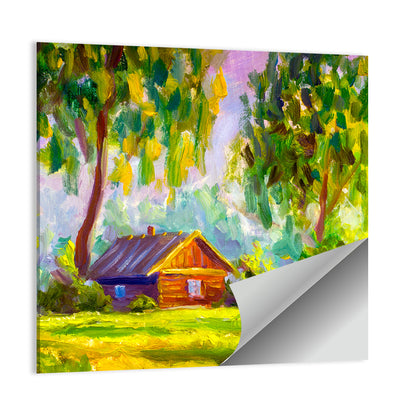 Impressionist Log Cabin in Green Forest Wall Art