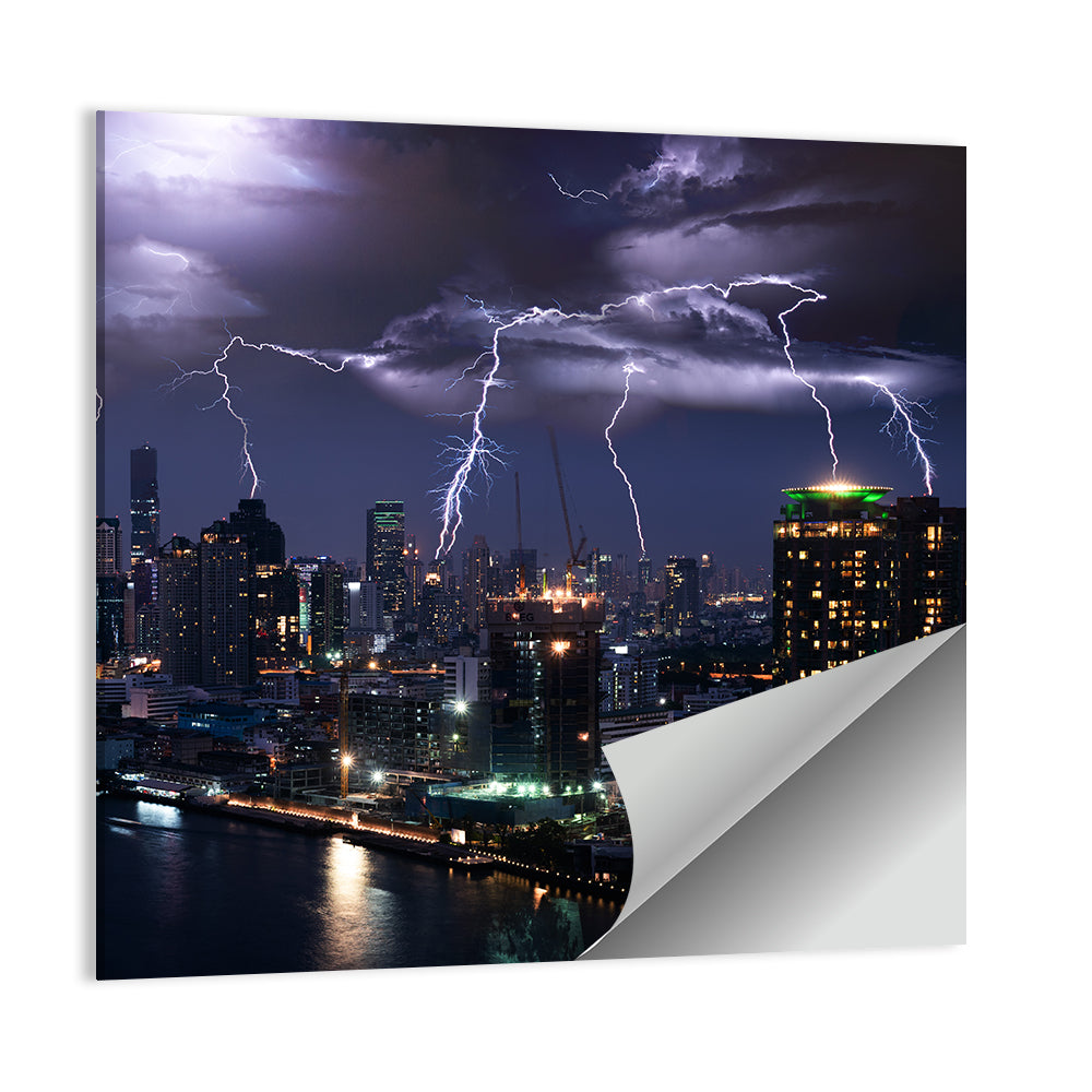 Night Lightning Over River Skyline Wall Art