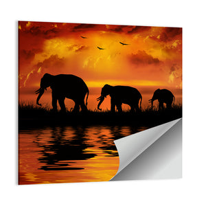 Elephants In Sunset Wall Art