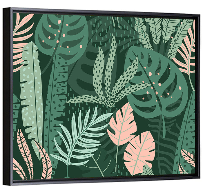 Polka Dot Tropical Leaf Pattern Wall Art as a framed canvas