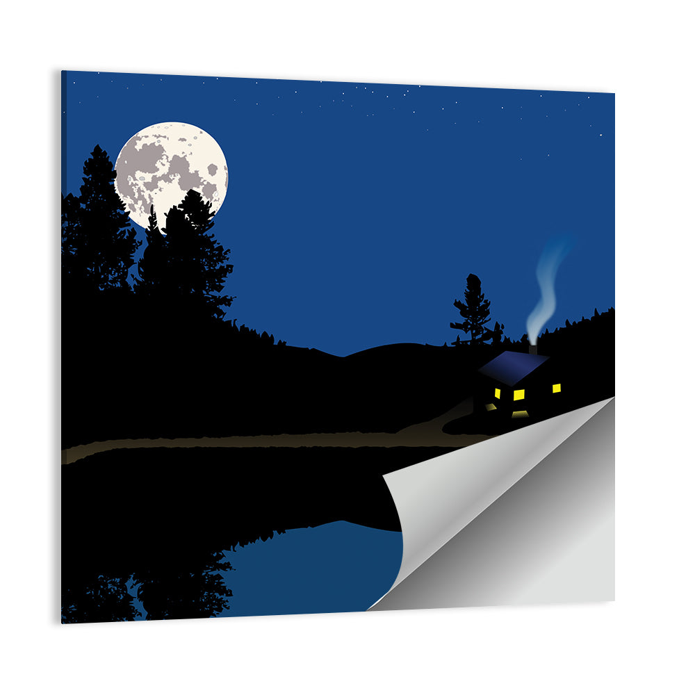 Moonlit Cabin on Mountain Lake Canvas Wall Art
