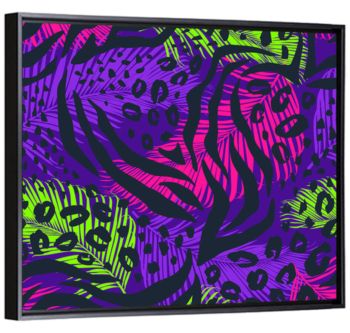 Neon Tropical Leaf Pattern Wall Art as a framed canvas