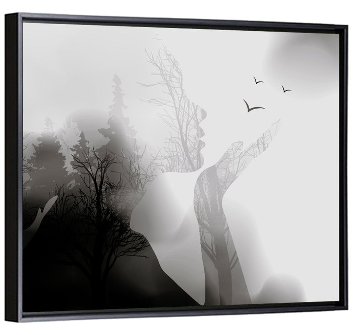 Woman Profile Forest Double Exposure Wall Art as a framed canvas