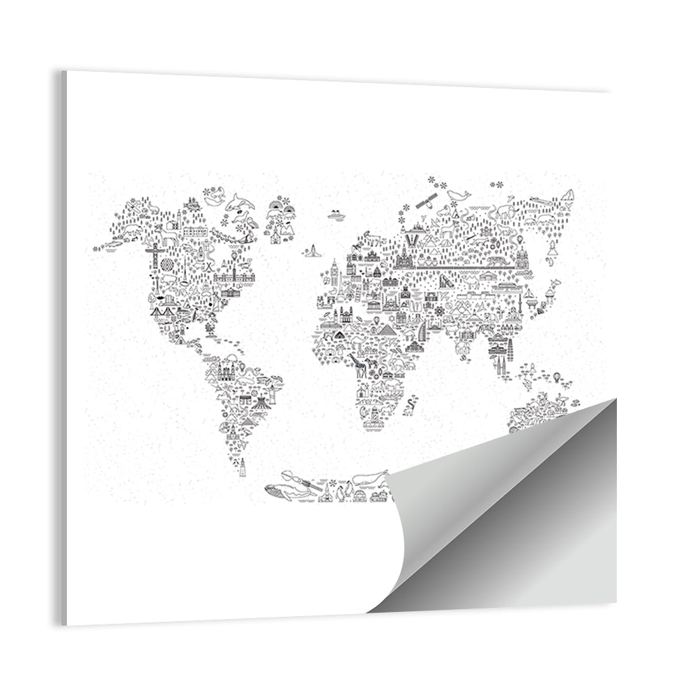 World Travel Line Icons Map Wall Art