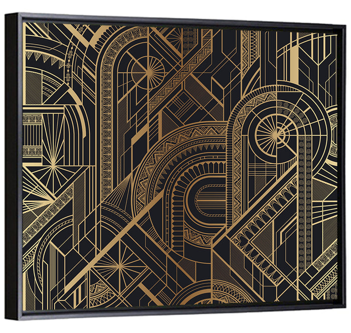 Black and Gold Circle Ornament Pattern Wall Art as a framed canvas