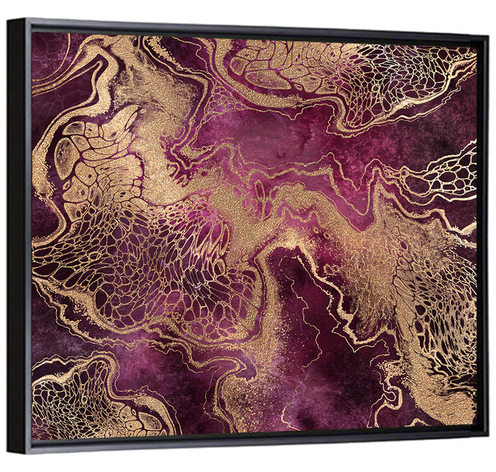 Purple and Gold Marble Abstraction Wall Art as a framed canvas