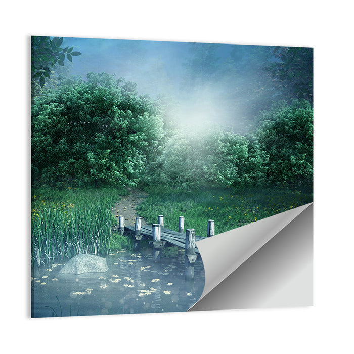 Misty Forest Lake with Wooden Bridge Wall Art as a poster print