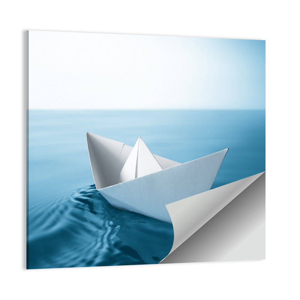 Paper Sailboat on Blue Water Wall Art