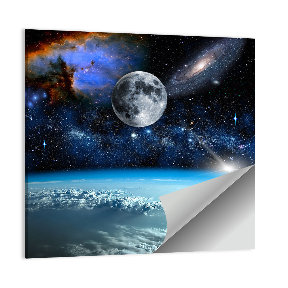 Earth and Moon Over Clouds Wall Art