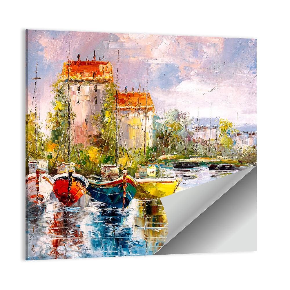 Impressionist Harbor with Colorful Boats Wall Art