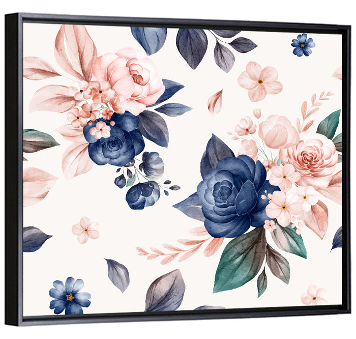 Peach Watercolor Rose Pattern Wall Art as a framed canvas