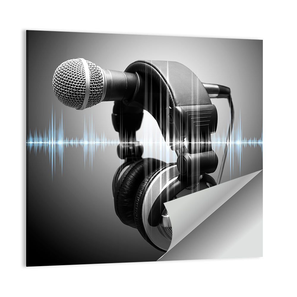 Headphones on Microphone with Sound Waves Wall Art
