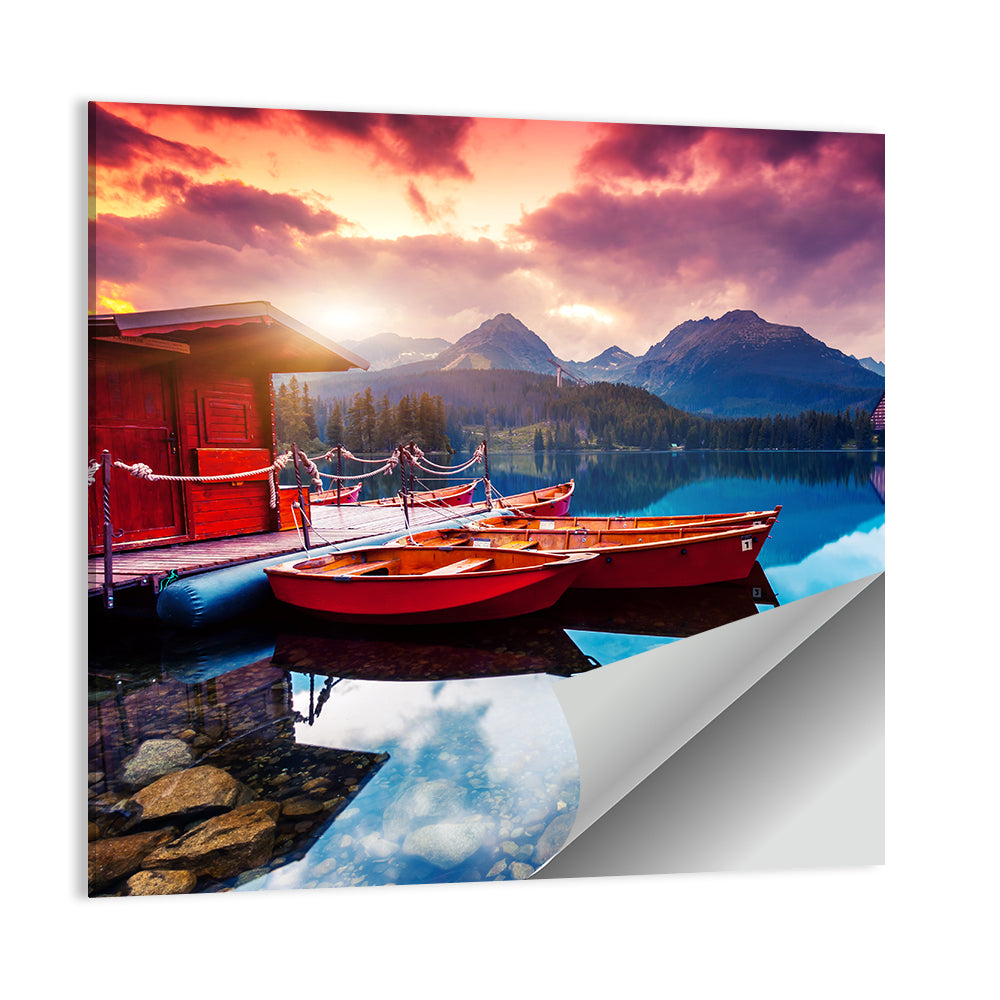 High Tatras Sunset Lake with Red Boats Wall Art