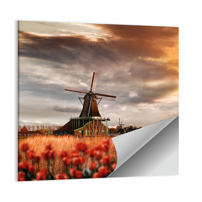 Dutch Windmill with Red Tulips Wall Art