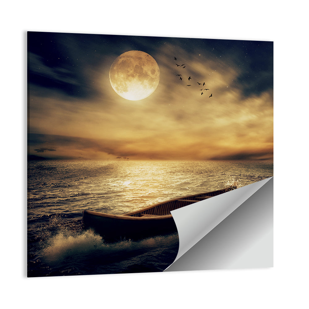 Moonlit Boat in Stormy Ocean Wall Art