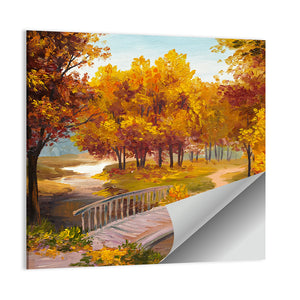 Autumn Forest With River & Bridge Wall Art