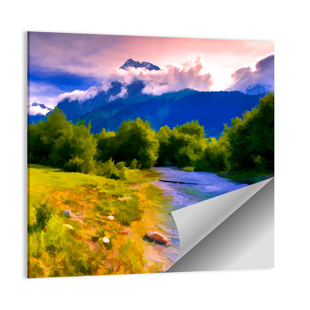 Mountain River Through Meadow Wall Art
