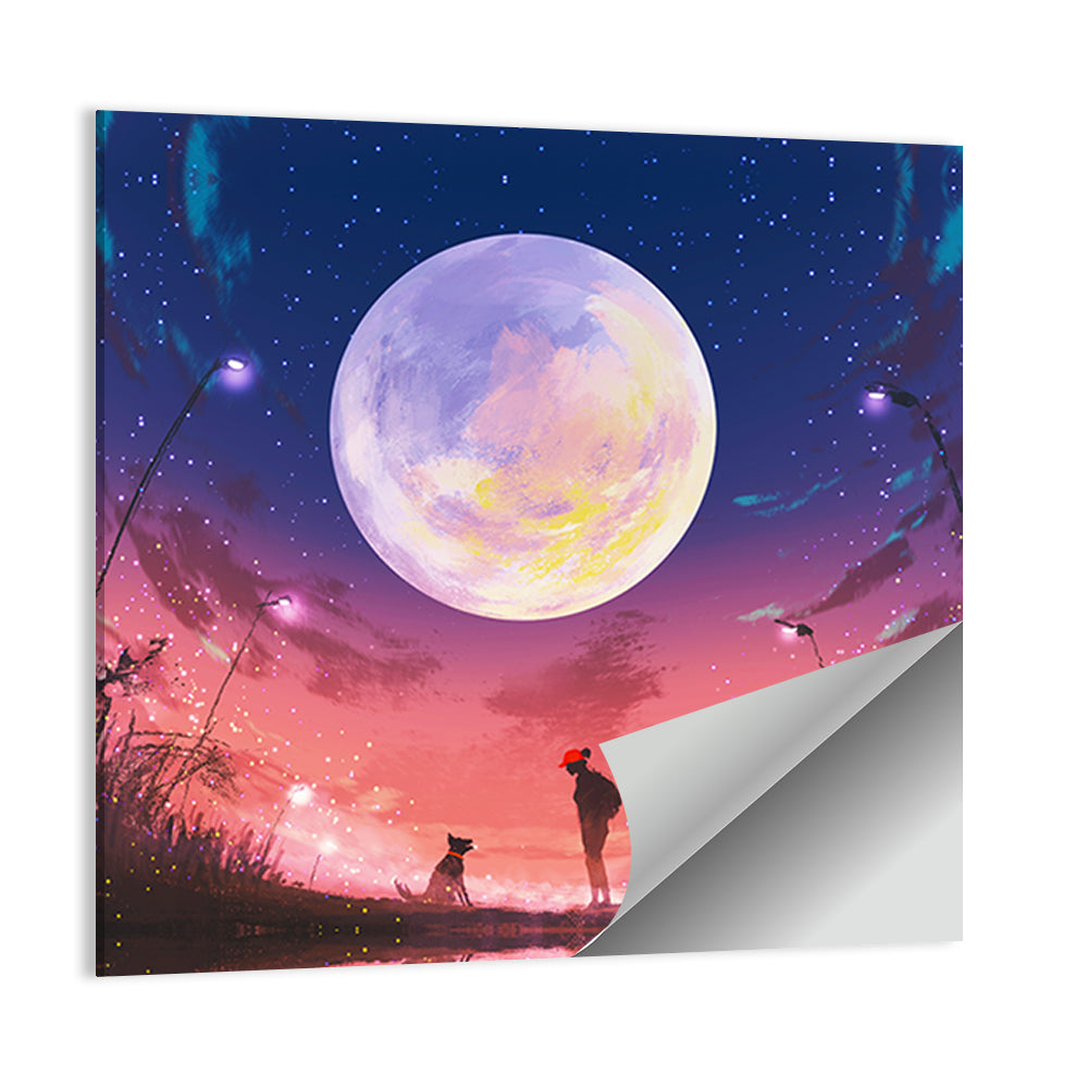Woman and Dog Beneath Oversized Moon Wall Art