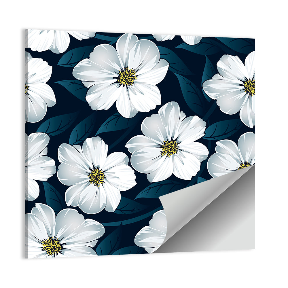 White Flowers on Navy Pattern Wall Art
