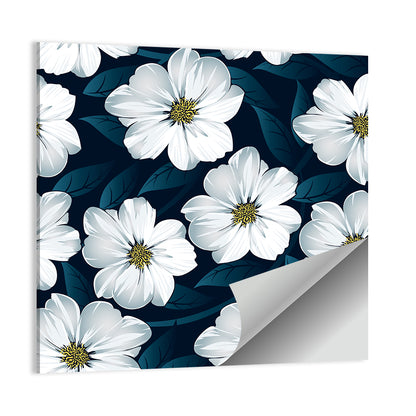 White Flowers on Navy Pattern Wall Art