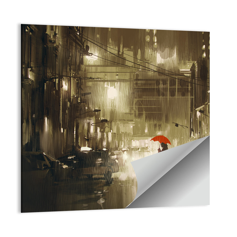 Red Umbrella on Rainy City Street Wall Art