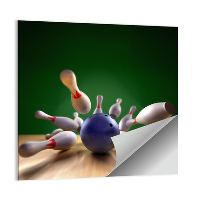 Blue Bowling Ball Hitting Pins Wall Art