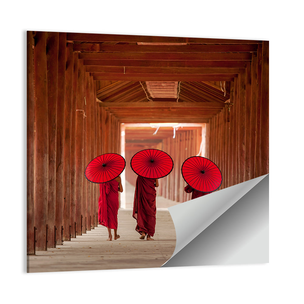 Novice Monks with Red Umbrellas Wall Art