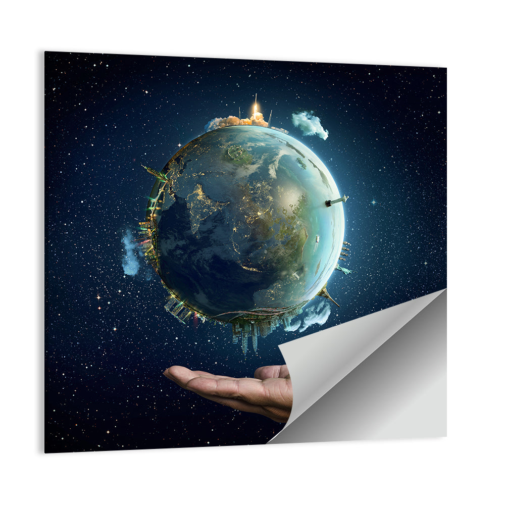 Earth Cradled in Palm with City Lights Wall Art