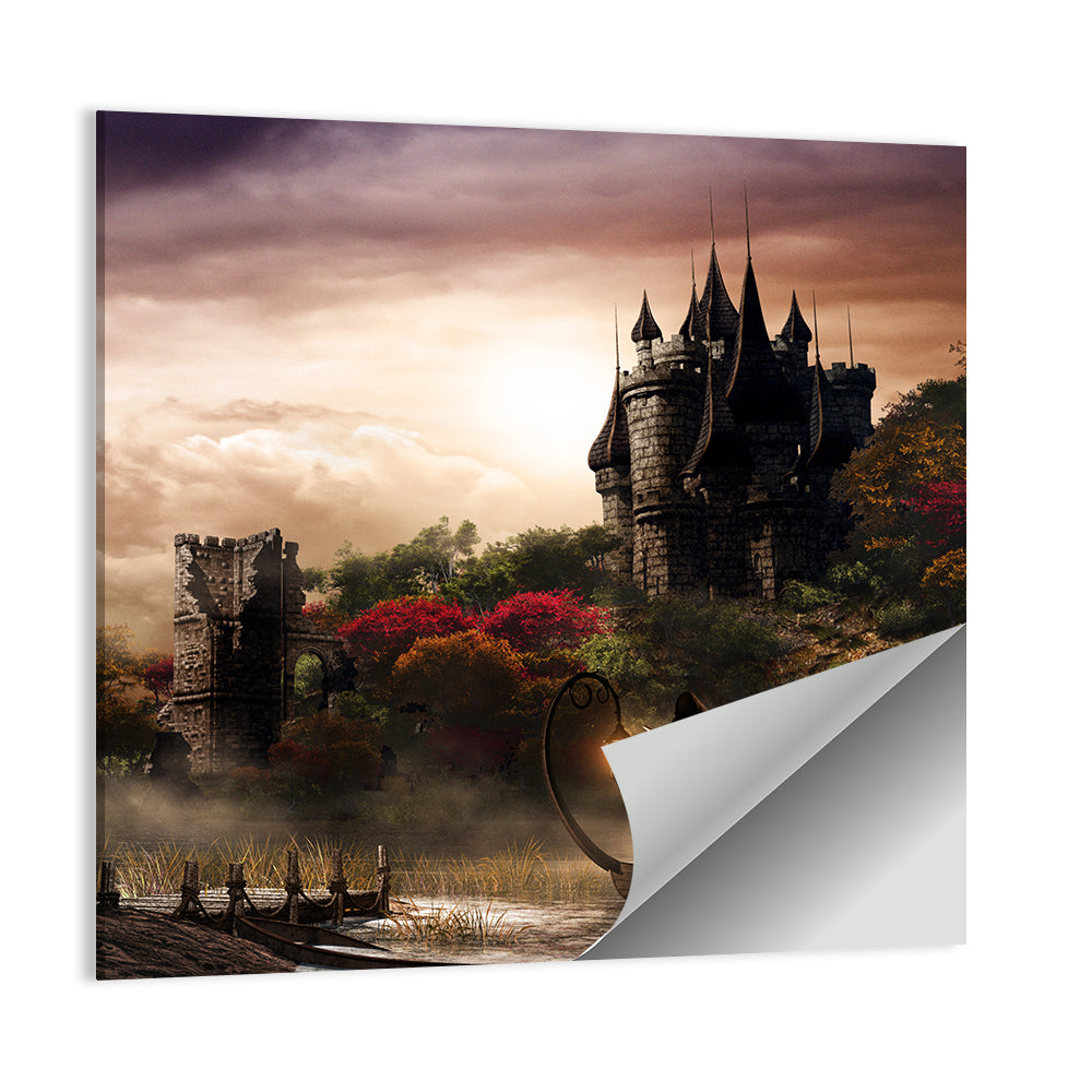 Castle Over Misty Lake at Dusk Wall Art
