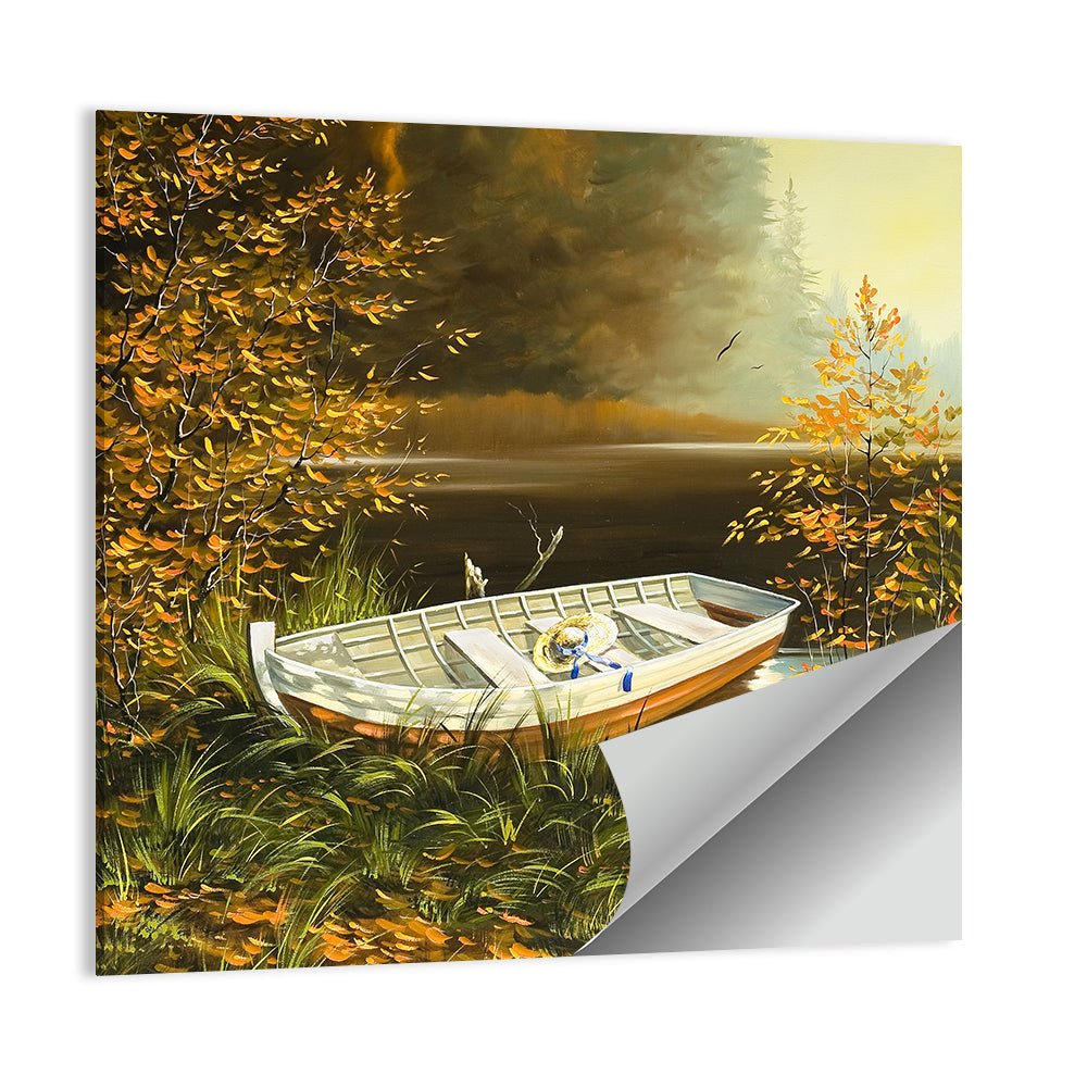 Boat with Straw Hat on Lake Bank Wall Art