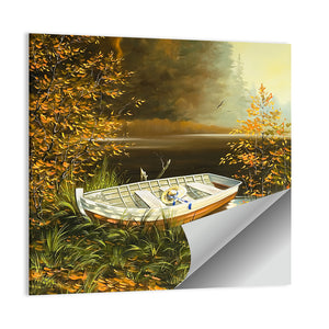 Wooden Boat On Bank Of Lake Wall Art