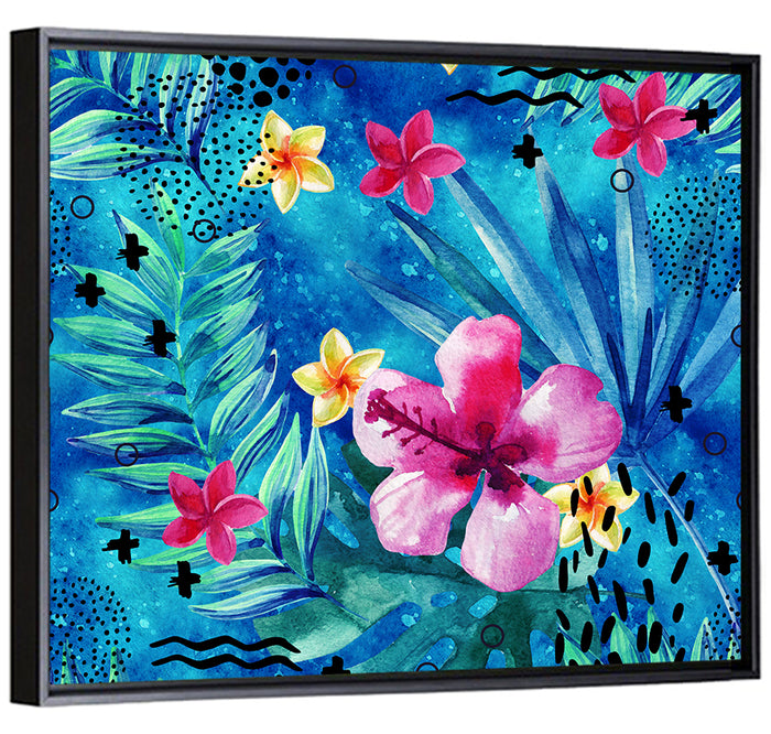 Summer Hibiscus and Frangipani Abstract Wall Art as a framed canvas