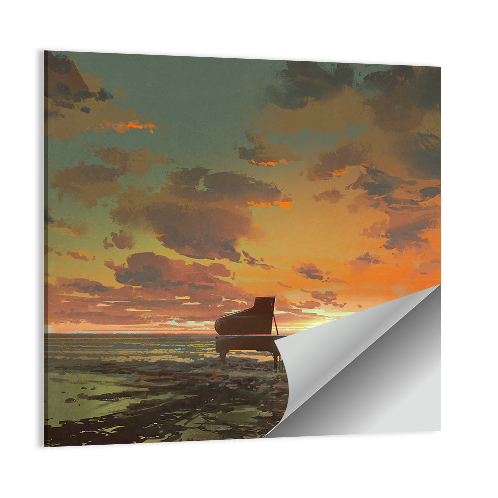 Piano on the Beach at Sunset Wall Art