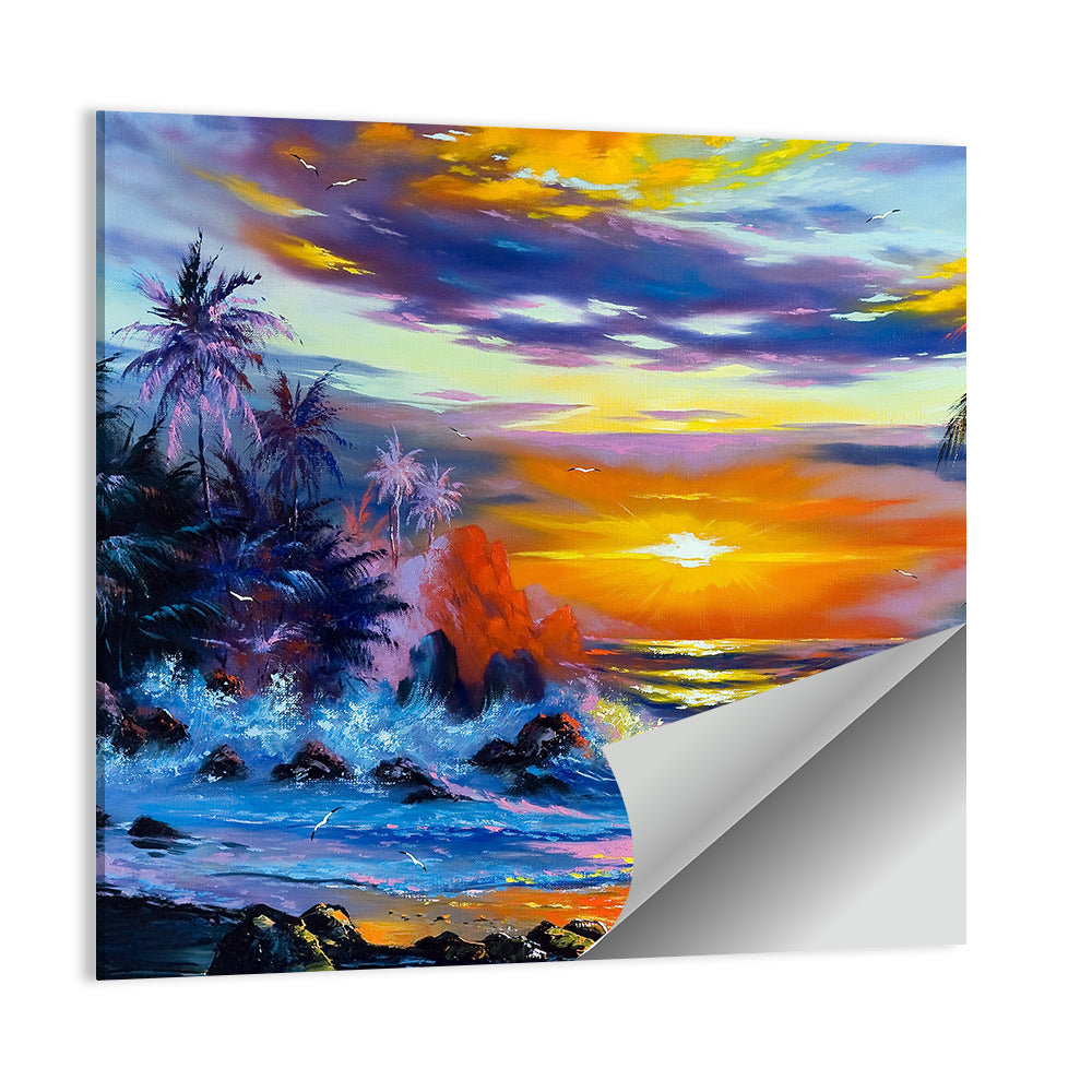 Evening Coastal Sunset with Palm Silhouettes Wall Art