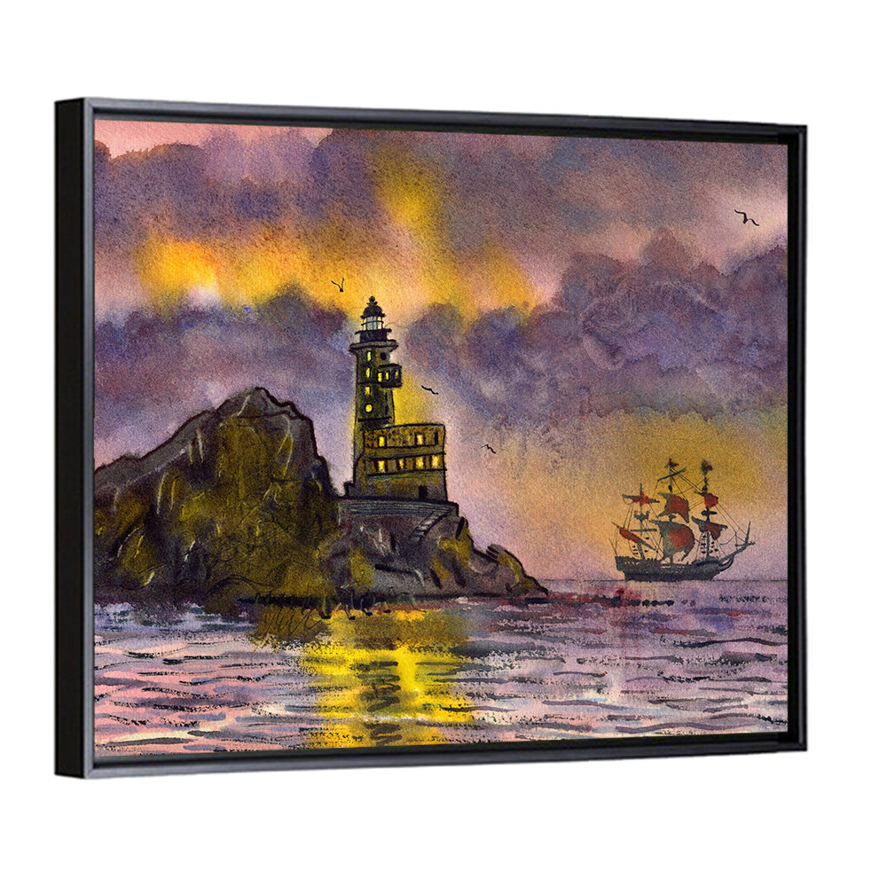Lighthouse and Sailing Ship at Dusk Wall Art