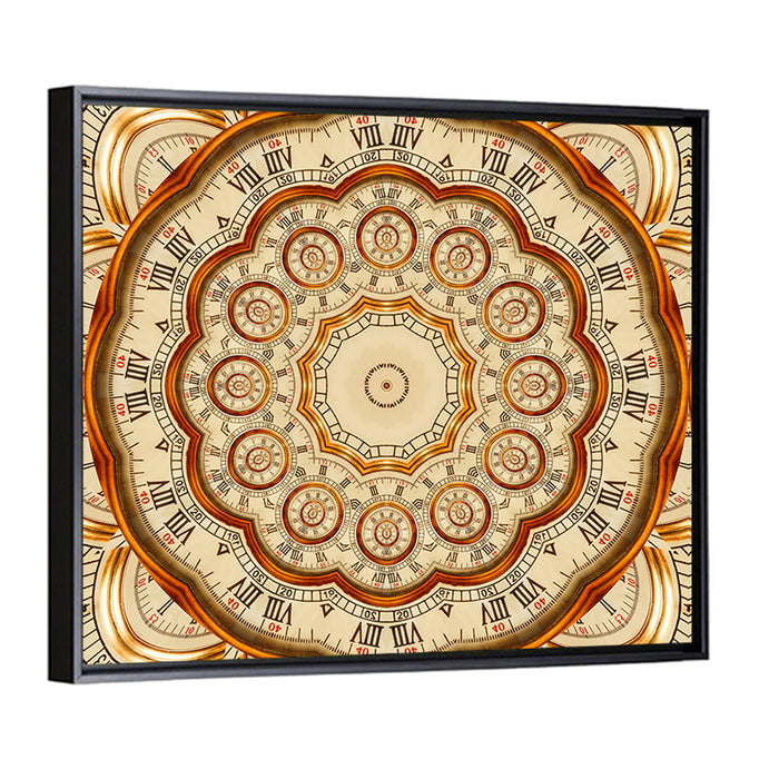 Antique Golden Clock Mandala Wall Art as a framed canvas
