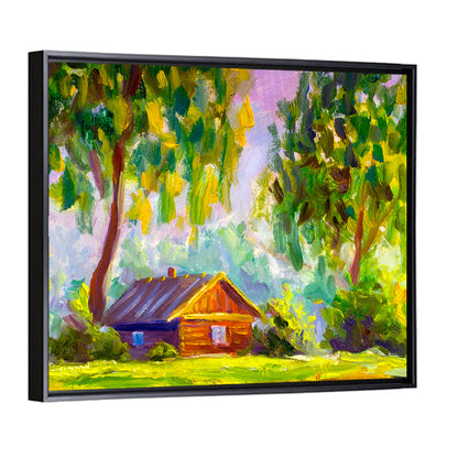 Impressionist Log Cabin in Green Forest Wall Art