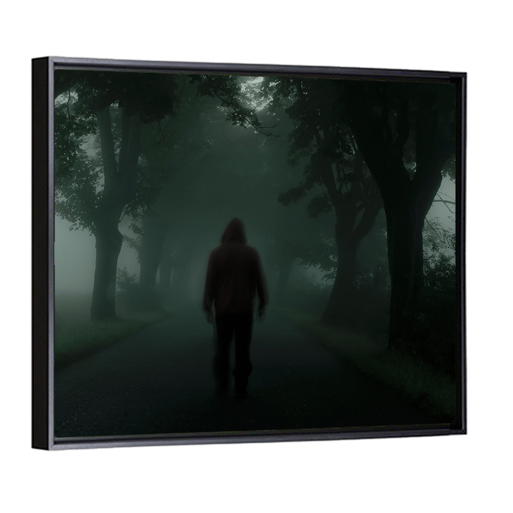 Hooded Silhouette on Foggy Forest Road Wall Art