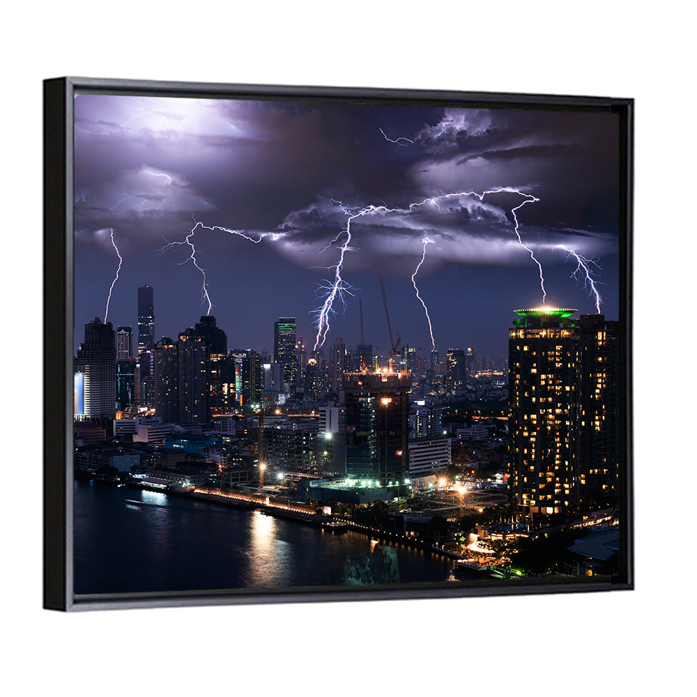 Night Lightning Over River Skyline Wall Art