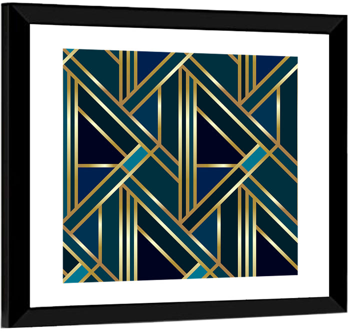 Blue and Gold Geometric Pattern Wall Art as a framed print