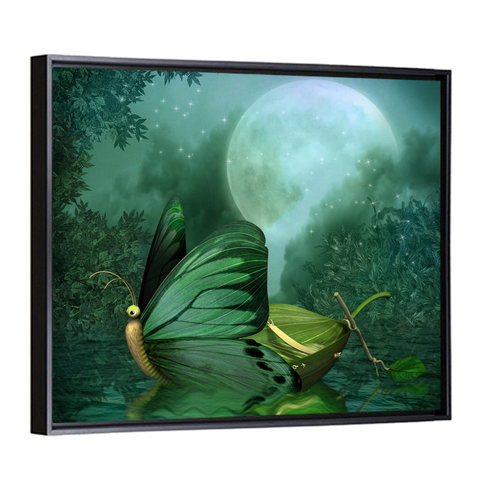 Moonlit Butterfly on Leaf Boat Wall Art as a framed canvas
