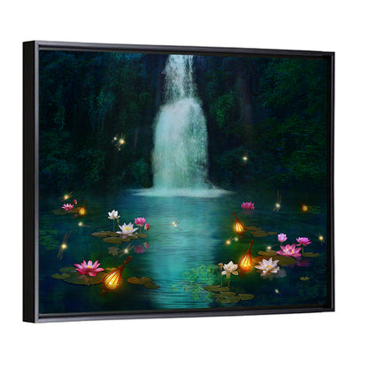 Moonlit Lotus Pond and Waterfall Wall Art