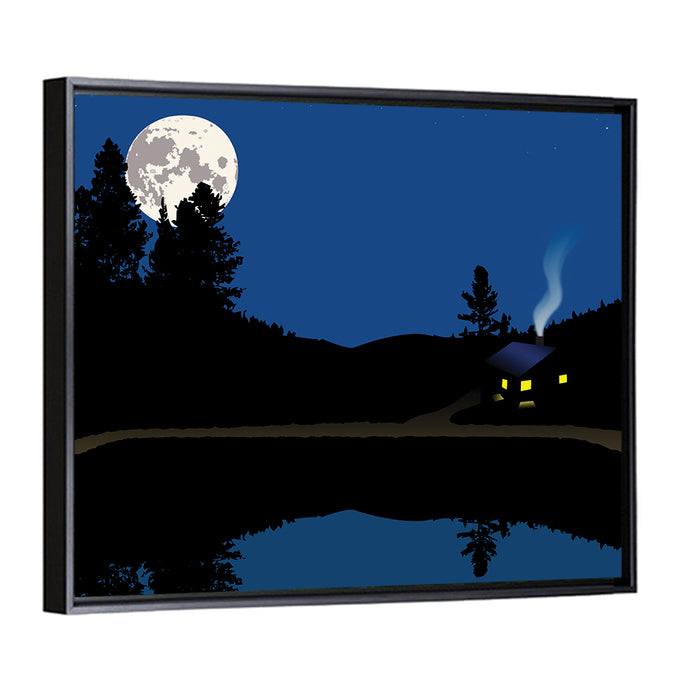 Moonlit Cabin on Mountain Lake Canvas Wall Art as a framed canvas