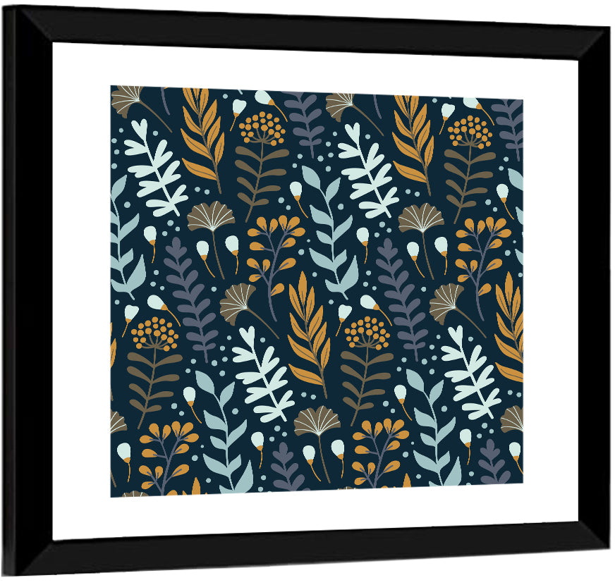 Navy Gold Wild Floral Pattern Wall Art