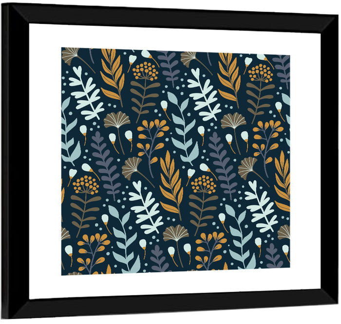 Navy Gold Wild Floral Pattern Wall Art as a framed print