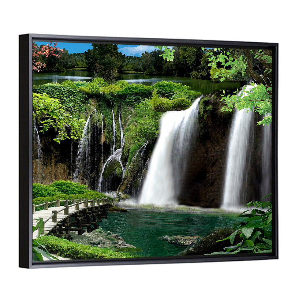 Wooden Bridge and Forest Waterfall Wall Art