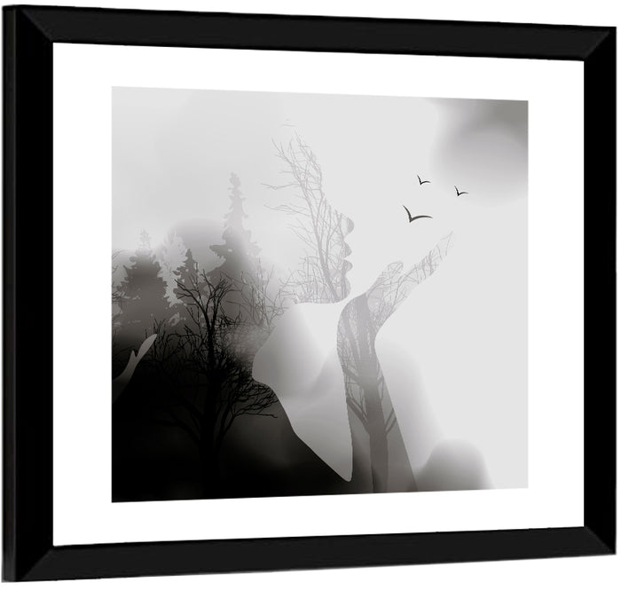 Woman Profile Forest Double Exposure Wall Art as a framed print