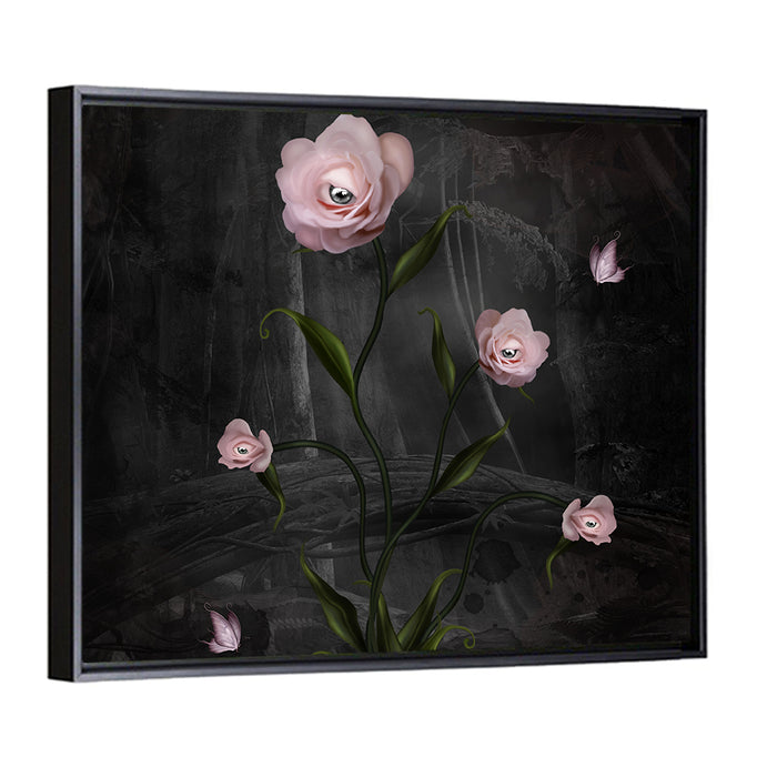Surreal Pink Roses with Eyes Wall Art as a framed canvas