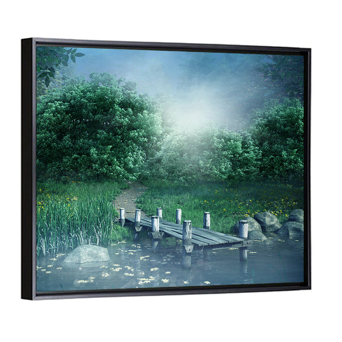Misty Forest Lake with Wooden Bridge Wall Art as a framed canvas